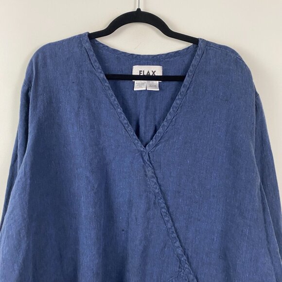 FLAX Linen Tunic Size 3G 3X Lagenlook Blue Long Sleeve V Neck - Picture 2 of 9